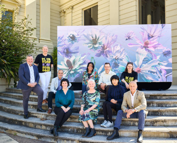 Cr Anthony Aitken, Executive Director Tennille Bradley, Cr Eddy Kontelj, Cr Emma Sinclair, Christine Couzens MP, Cr Elise Wilkinson, Andrew Kupresanin & Belinda Chen (Superficial Studio), City of Geelong CEO Ali Wastie, Mayor Cr Dr Stretch Kontelj OAM. Photography: Peter Foster